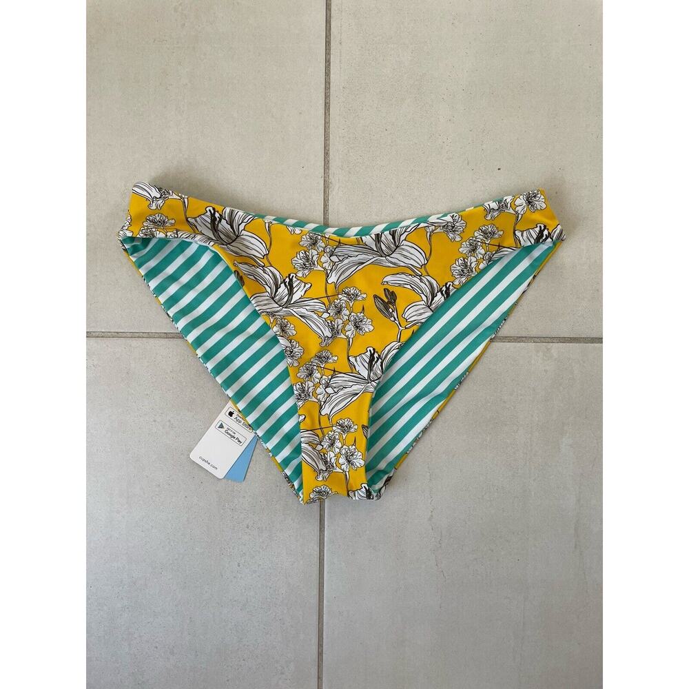 Cupshe Swim Bikini Bottom Floral Striped Reversible Swimwear